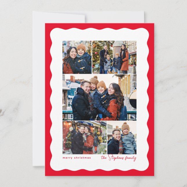 Wavy edge five photo collage simple red Christmas Holiday Card (Front)