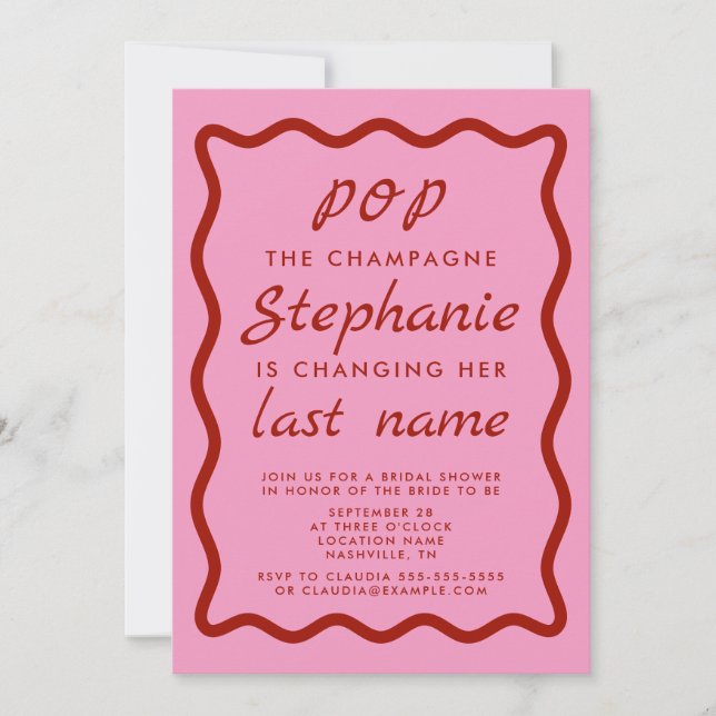 Wavy Edge Pink and Red Pop the Champagne Bridal Invitation (Front)