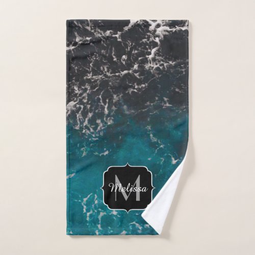 Wavy foamy blue black ombre sea water Monogram Bath Towel Set