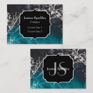 Wavy foamy blue black ombre sea water Monogram Business Card