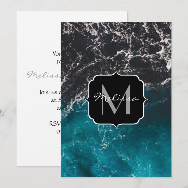 Wavy foamy blue black ombre sea water Monogram Invitation (Front/Back)