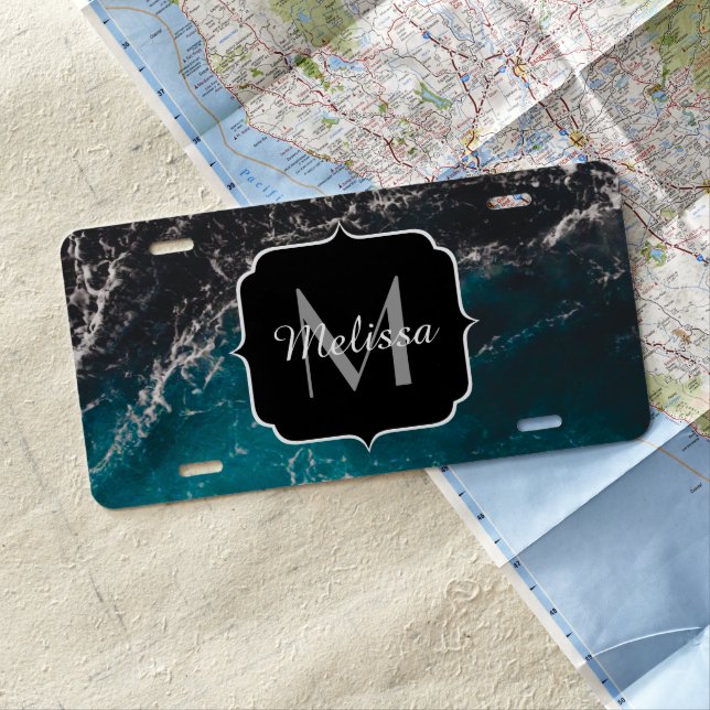 Wavy foamy blue black ombre sea water Monogram License Plate (In Situ)