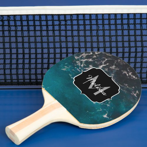 Wavy foamy blue black ombre sea water Monogram Ping Pong Paddle