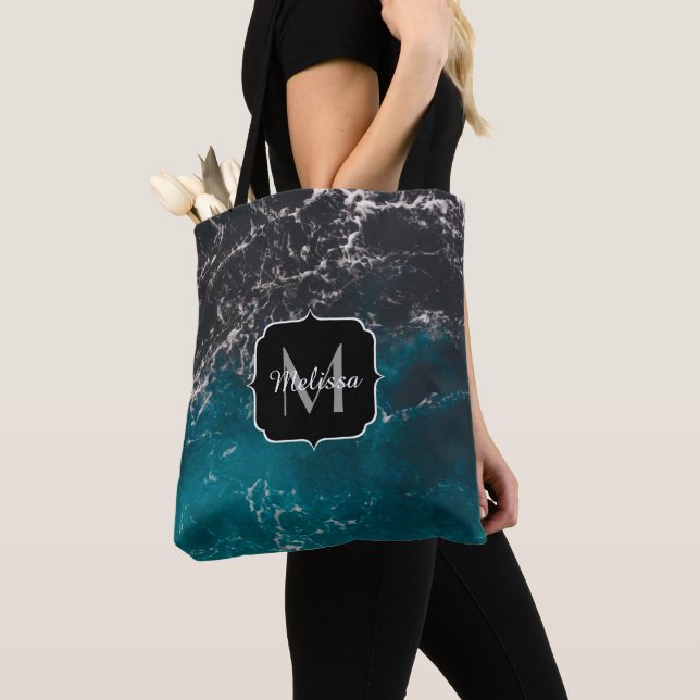 Wavy foamy blue black ombre sea water Monogram Tote Bag (Close Up)