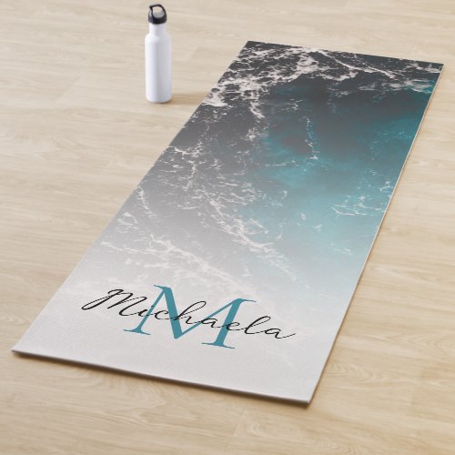 Wavy foamy blue black ombre sea water Monogram Yoga Mat
