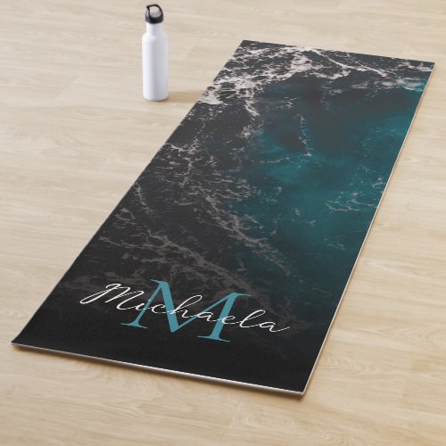 Wavy foamy blue black ombre sea water Monogram Yoga Mat