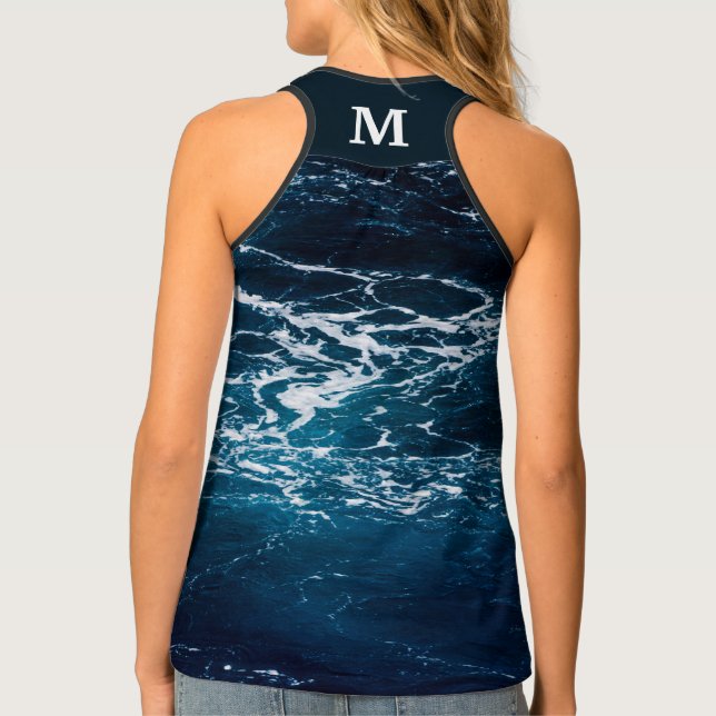 Wavy foamy dark blue sea water Monogram Tank Top (Back)