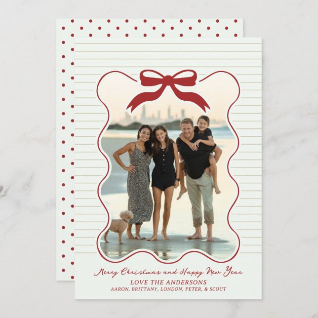 Wavy Frame Bow Pinstripe Holiday Card Christmas  (Front/Back)