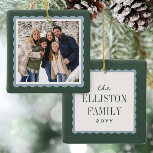 Wavy frame green and blue one photo Christmas Ceramic Ornament