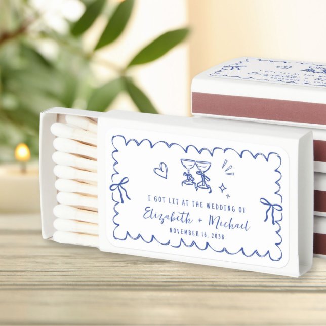 Wavy Frame Hand Drawn Blue Wedding Favor Matchboxes (Creator Uploaded)