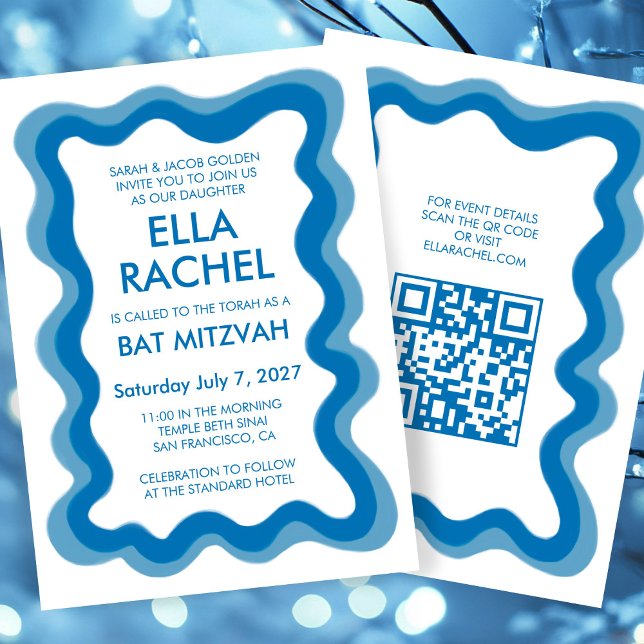 Wavy Frame Modern Custom QR CODE Bar Bat Mitzvah Invitation (Wavy Frame Modern Custom QR CODE Bar Bat Mitzvah Invitation
)