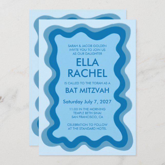 Wavy Frame Modern Custom QR CODE Bar Bat Mitzvah Invitation (Front/Back)
