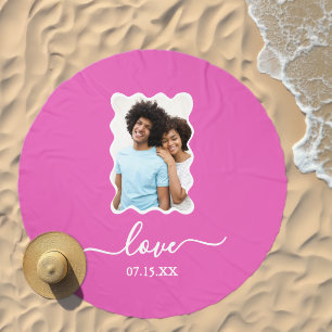 Wavy Frame Pink Newlywed Love Script Wedding Date Beach Towel