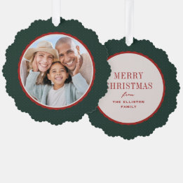 Wavy frame red and green one photo Christmas Ornament Card