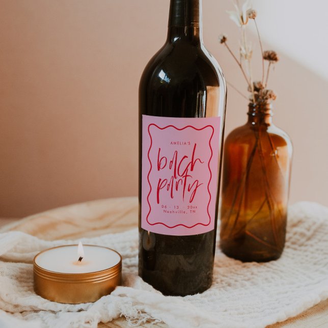 Wavy Frame Red And Pink Bachelorette Wine Favor Label (Creator Uploaded)
