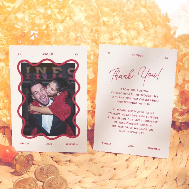Wavy Frame Retro Photo Funky Wedding Thank You Card (Creator Uploaded)