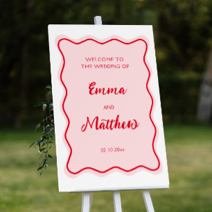 Wavy Frame Retro Red and Pink Wedding Welcome Foam Board