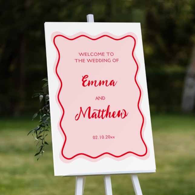 Wavy Frame Retro Red and Pink Wedding Welcome Foam Board (Creator Uploaded)