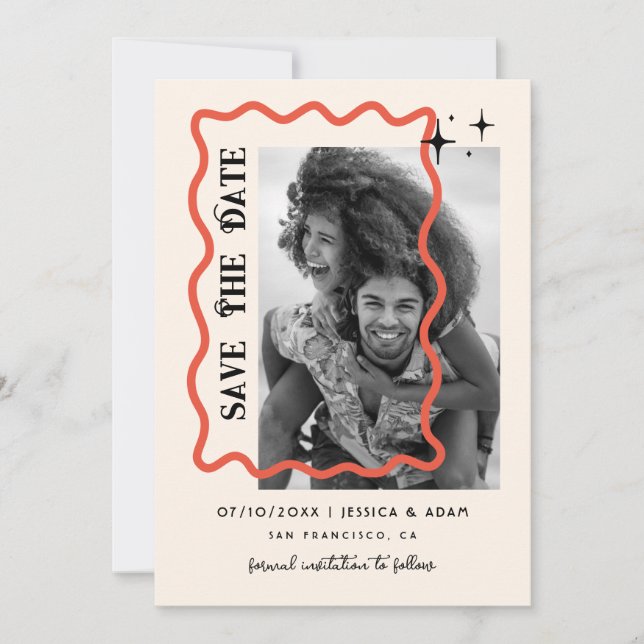 Wavy Frame Retro Wedding Photo Save The Date Invitation (Front)