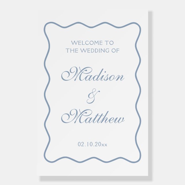 Wavy Frame White and Dusty Blue Wedding Welcome Foam Board (Front)