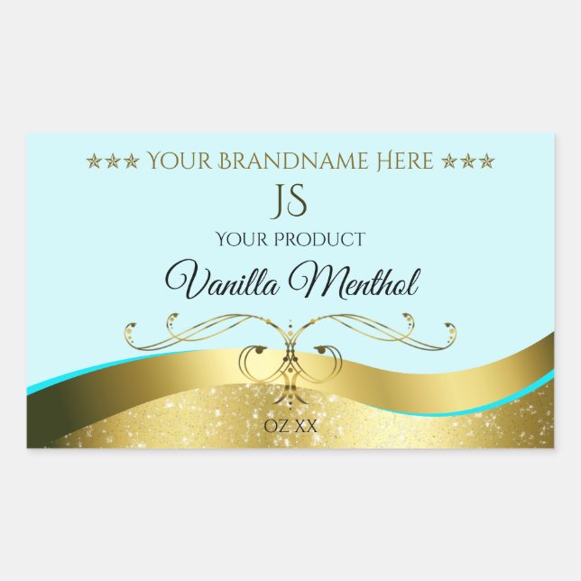 Wavy Glamour Gold Decor Light Teal Monogram Label (Front)