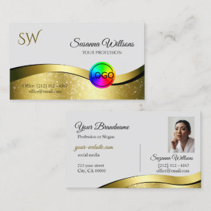 Wavy Gold Decor on Light Gray Logo Monogram Photo Business Card