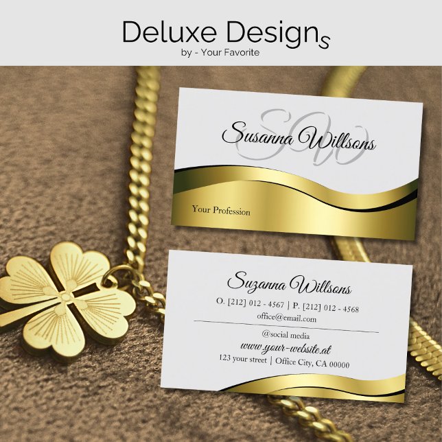 Wavy Gold Decor on Light Gray with Initials Classy Business Card (Creator Uploaded)