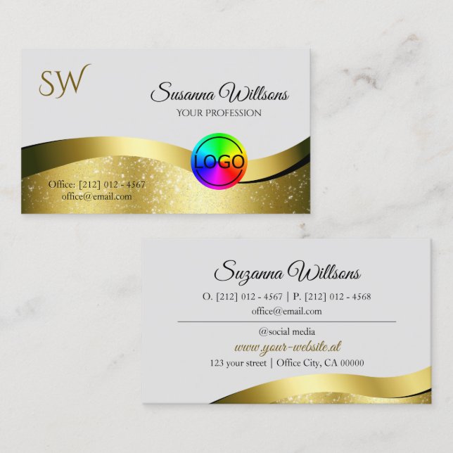 Wavy Gold Decor on Light Gray with Logo Monogram Business Card (Front/Back)