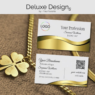 Wavy Gold Decor on Light Gray with Logo QR Code Business Card