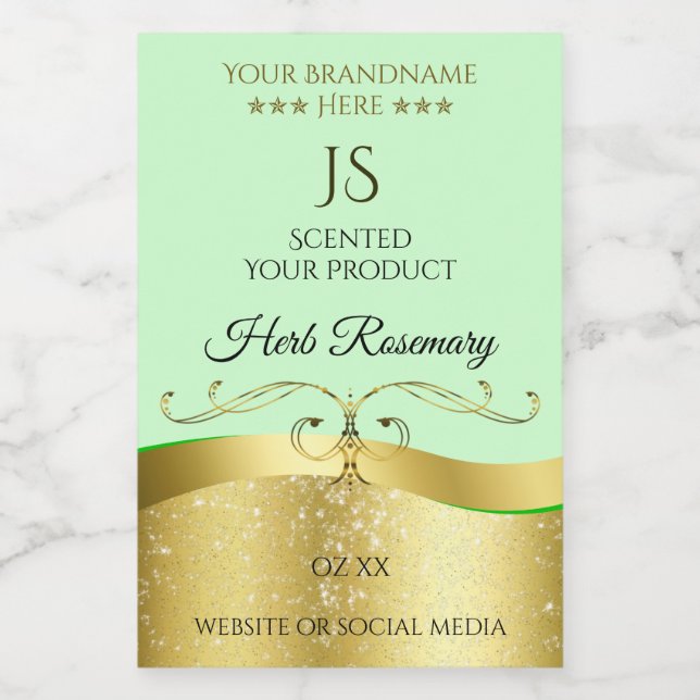 Wavy Gold Glamour Decor Light Green Monogram Label (Single Label)