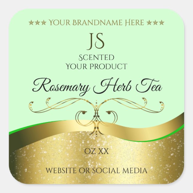 Wavy Gold Glamour Decor Light Green Monogram Label (Front)
