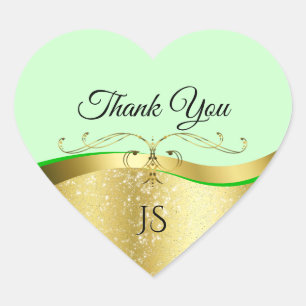 Wavy Gold Glamour Decor on Light Green Thank You Heart Sticker