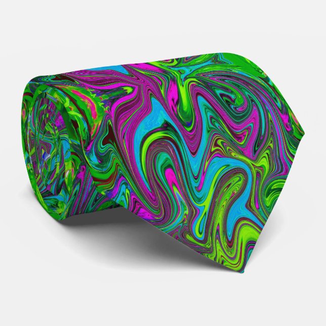 Wavy Green, Blue and Magenta Abstract Art Neck Tie (Rolled)