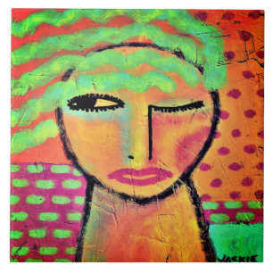 Wavy Green Hair Abstract Portrait of a Woman Ceramic Tile