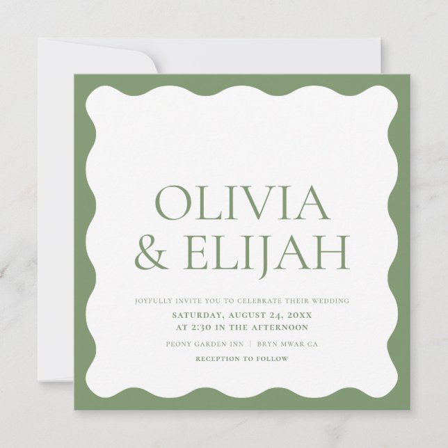 Wavy Green Modern Typography Wedding Invitation (Front)