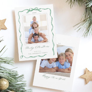 Wavy Green Ribbon Bow Frame 2 photo Christmas  Holiday Card