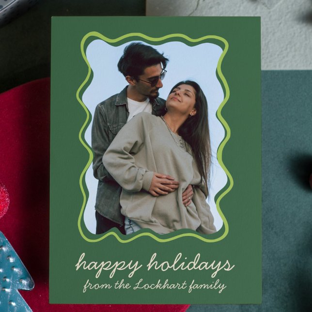 Wavy Hand Drawn Funky Whimsical Border Photo  Holiday Card (wavy hand drawn boarder photo holiday christmas card modern whimsical )