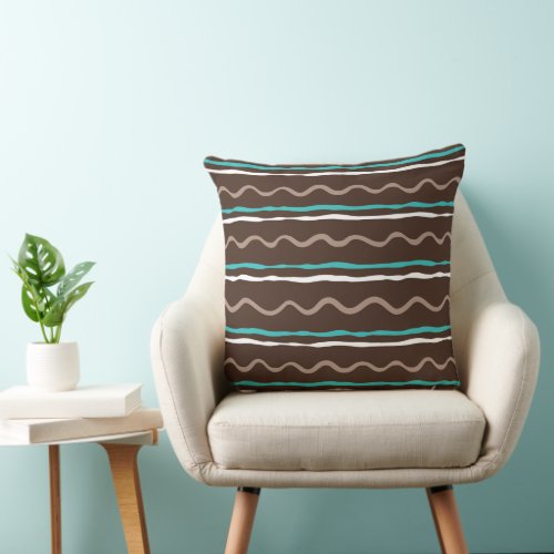 Wavy Hand Drawn Stripes BrownTurquoise ID597 Throw Pillow