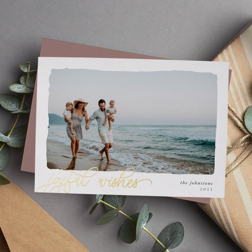 Wavy  Horizontal Joyful Wishes Photo Foil Holiday Card