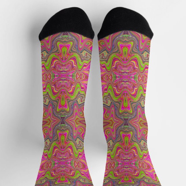 Wavy Lime Green and Hot Pink Trippy Pattern Socks (Top)