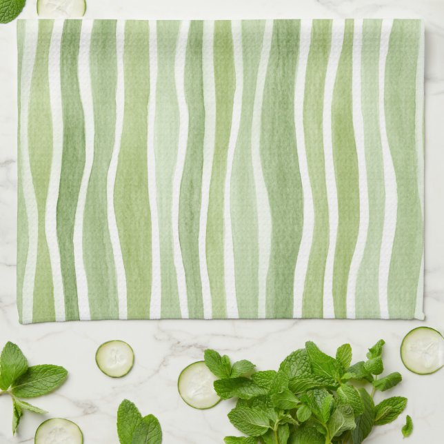 Wavy Lime Green Cream Stripes Kitchen Towel (Folded)