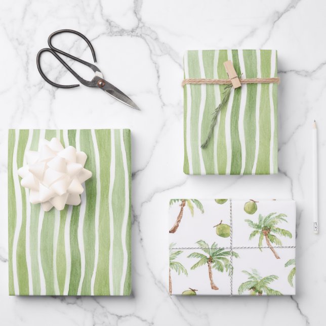 Wavy Lime Green Cream Stripes Wrapping Paper Sheets (Front)