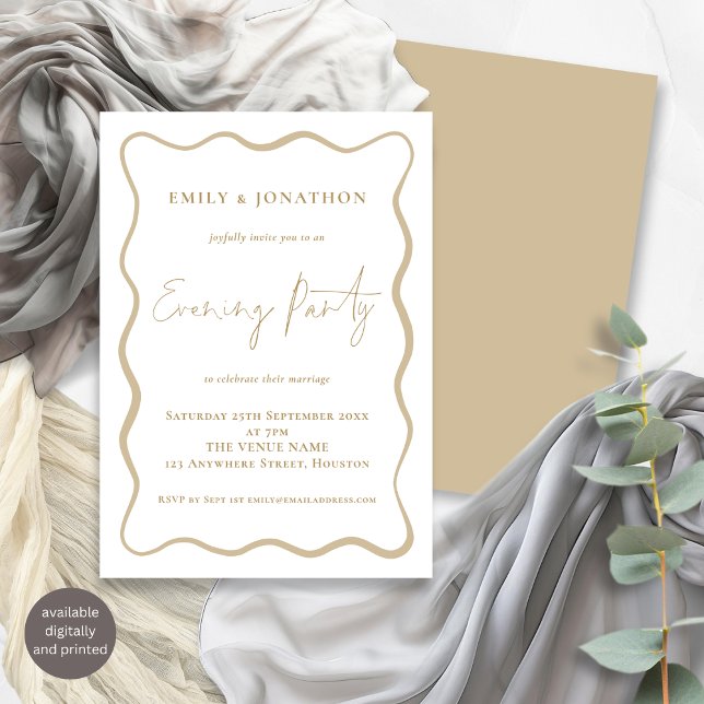 Wavy Line Border Gold Script Wedding Evening Party Invitation (Front and back view)