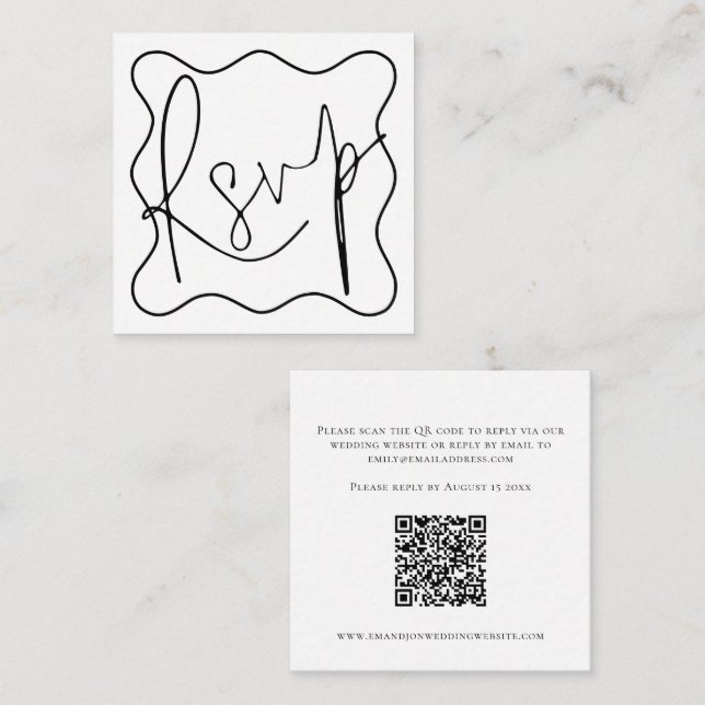 Wavy Line Border Script QR Code Wedding RSVP  Enclosure Card (Front/Back)
