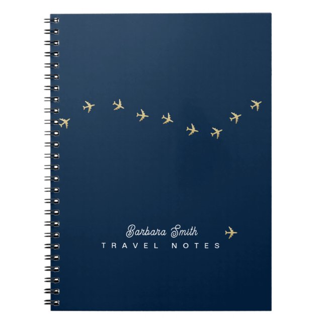 Wavy Line of Small Airplanes . blue travel Notebook (Front)