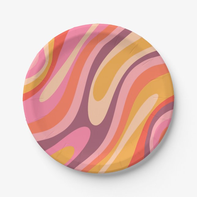 Wavy Loops Groovy Retro Abstract Pattern Paper Plates (Front)