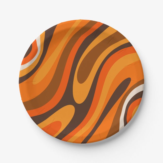 Wavy Loops Retro Abstract 1970s Brown and Orange  Paper Plates (Front)