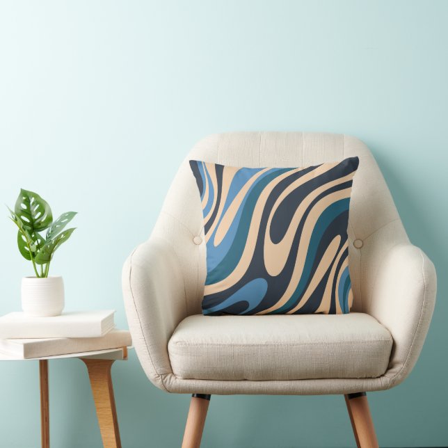 Wavy Loops Retro Abstract Pattern Blue and Beige Throw Pillow (Chair)