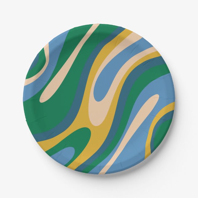Wavy Loops Retro Abstract Pattern Blue Green Paper Plates (Front)