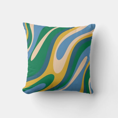 Wavy Loops Retro Abstract Pattern Blue Green  Throw Pillow